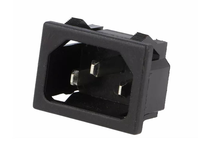 Apparatfatning - C14 han, tryklås, Sort (4,8mm spadestik)