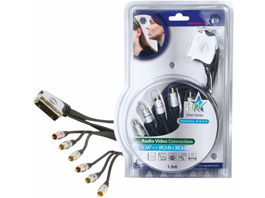 SCART kabel han til 6 x RCA han, audio/video ind/ud (1,5m)