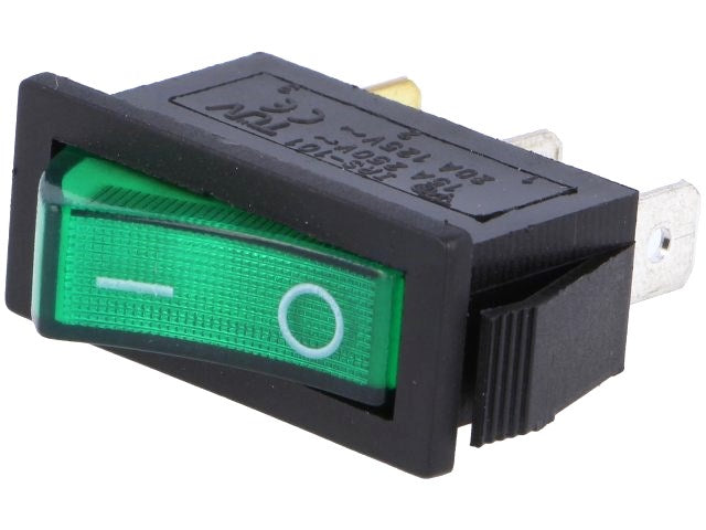 Vippekontakt - 1P OFF-ON, 15A 250V, Grøn lys (30,3x10,6mm)