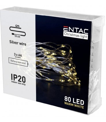 4 meter indendørs LED julelyskæde - Batteri, 80 LED, varm hvid