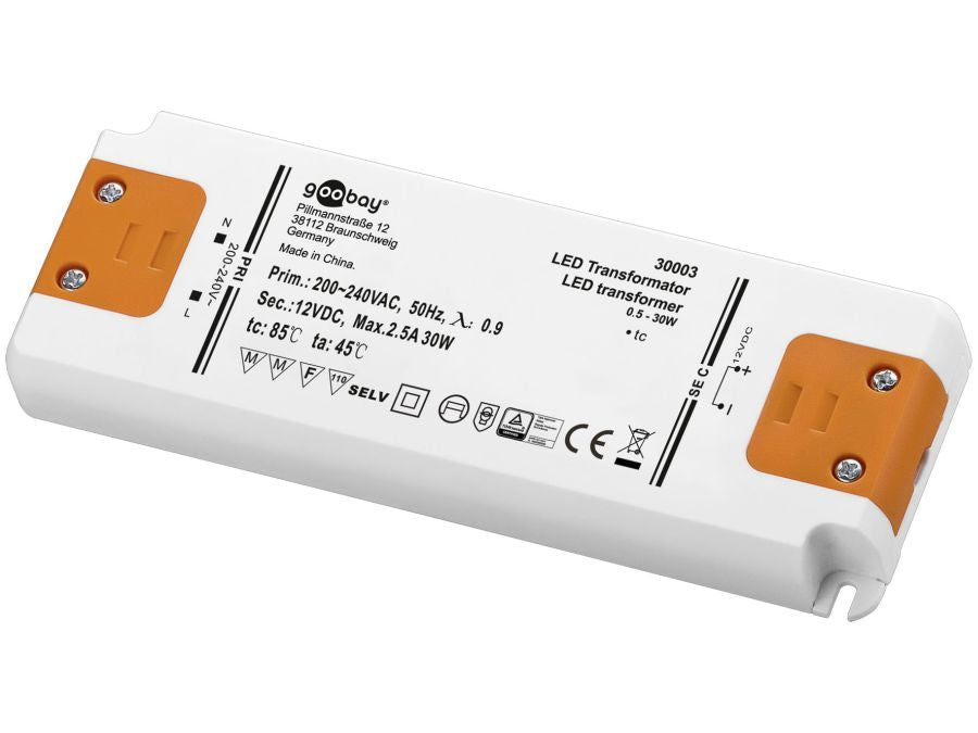 LED strømforsyning - 12Vdc / 30W - IP20, "slimline"