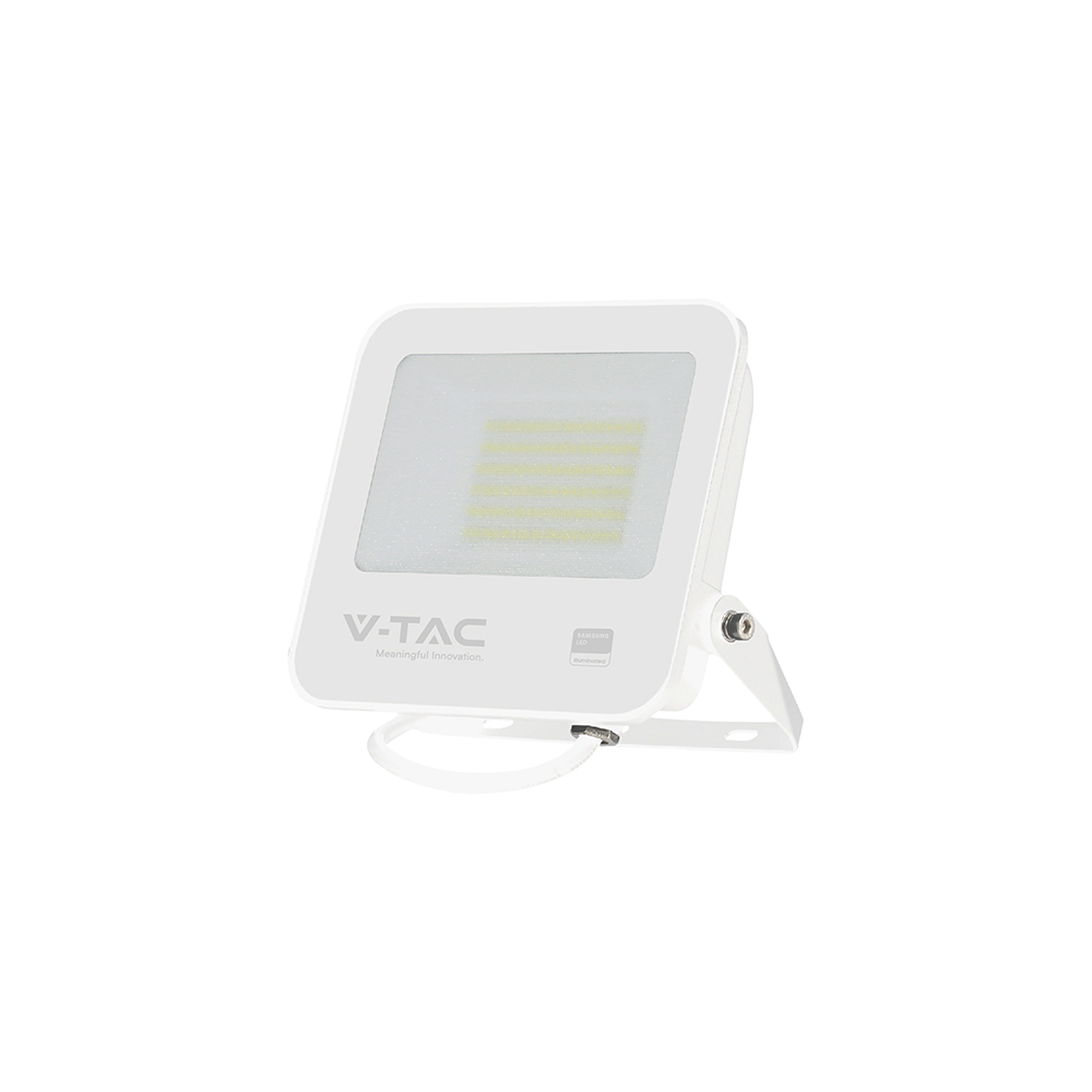 50W LED projektør med Samsung chip, 6500K, hvid hus, grå matteret glas, IP65, 5 års producentgaranti