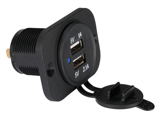 USB biladapter til panelmontage - 12/24V ind > 2 x USB 5V ud