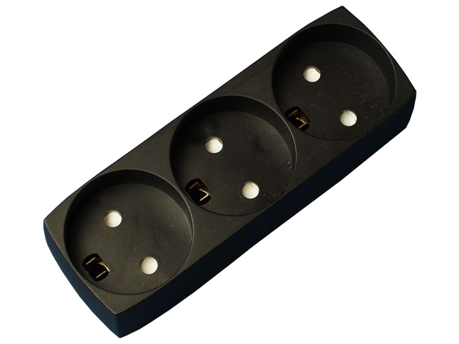 3-stikdåse u/jord m/blindhul sort 250V 10A