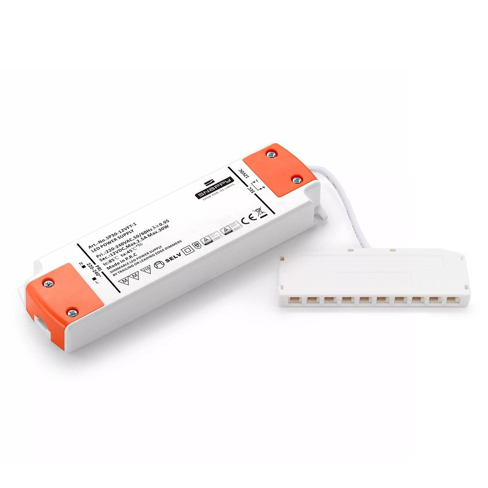 30W Dæmpbar Strømforsyning til Møbelspots - Snappy, Sono og Reco, Maks. 10 Spot, 230V Input, 12V Output, Flicker Free