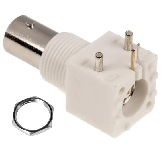 BNC fatning til printmont. - 50ohm, 90° vinklet, Hvid plast