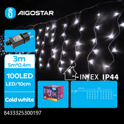 5m kold hvid LED lyskæde med 100 LED, IP44, 8 lysspil, transparent ledning