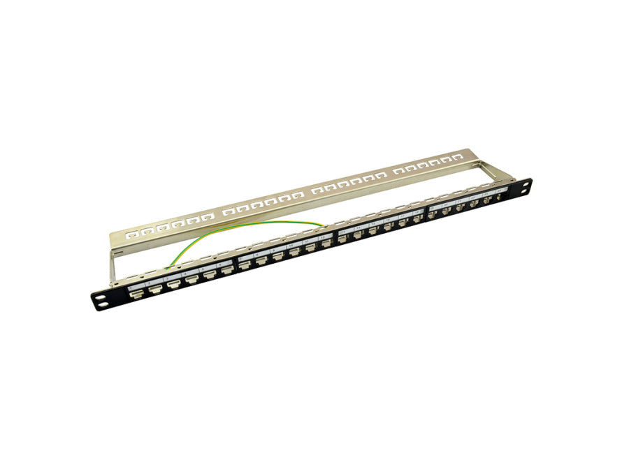 19" Patch panel - 0,5U, 24 x Keystone porte, m. jord, Sort
