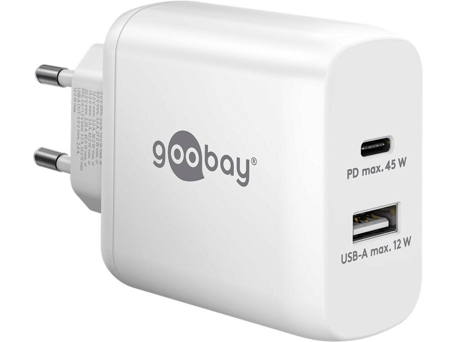 USB-C/A lynlader PD GaN (C45W) + (A12W), Hvid