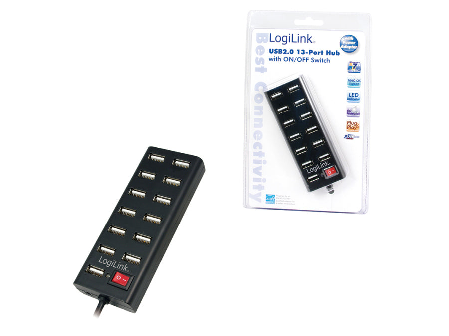 USB 2.0 HUB - 13 port m. on/off, inkl. Strømforsyning (3,5A)