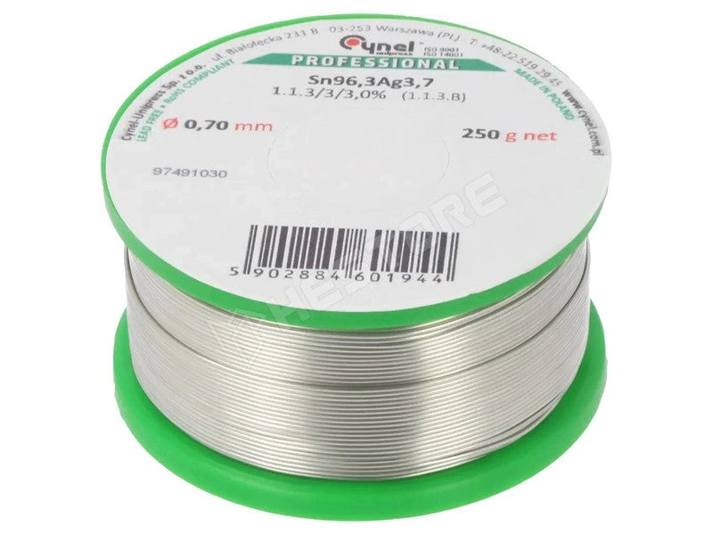 Blyfri sølvloddetin - 96,3% Sn - 3,7% Ag, Ø0,7mm (250g)