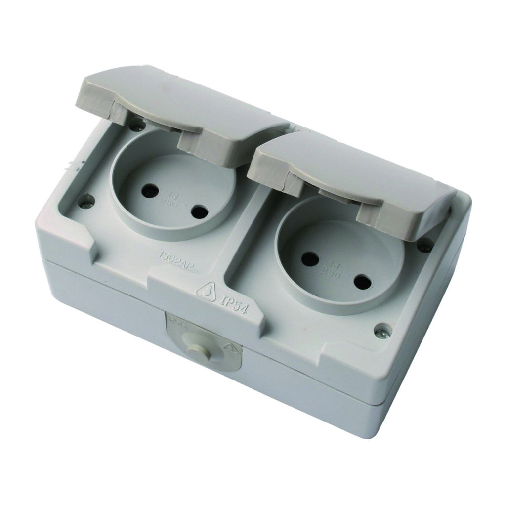 Stikkontakt dobbelt IP54 vandret grå