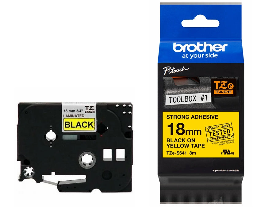 TAPE 18MM SORT TEKST PÅ GUL EKSTRA