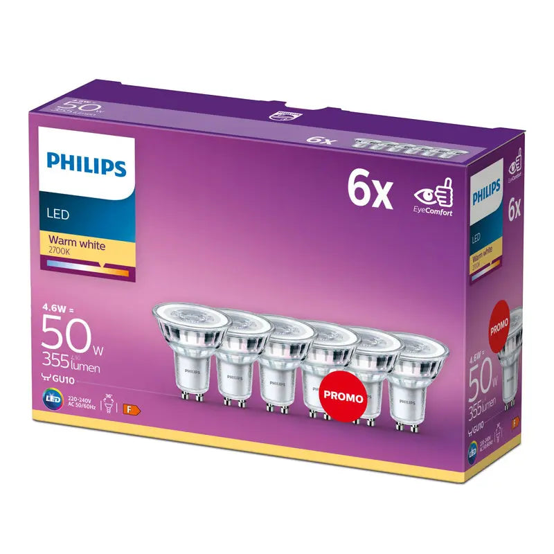 Philips LED 4,6W (50W) GU10 2700K 355lm 6-pak