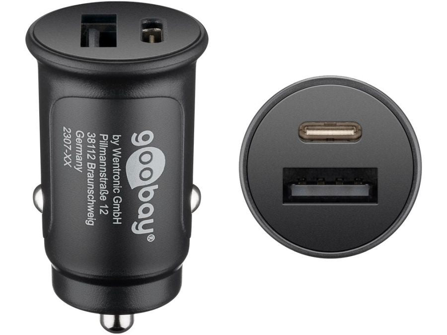 Dobbelt USB billader - A (QC 3.0) + USB-C (PD), Sort