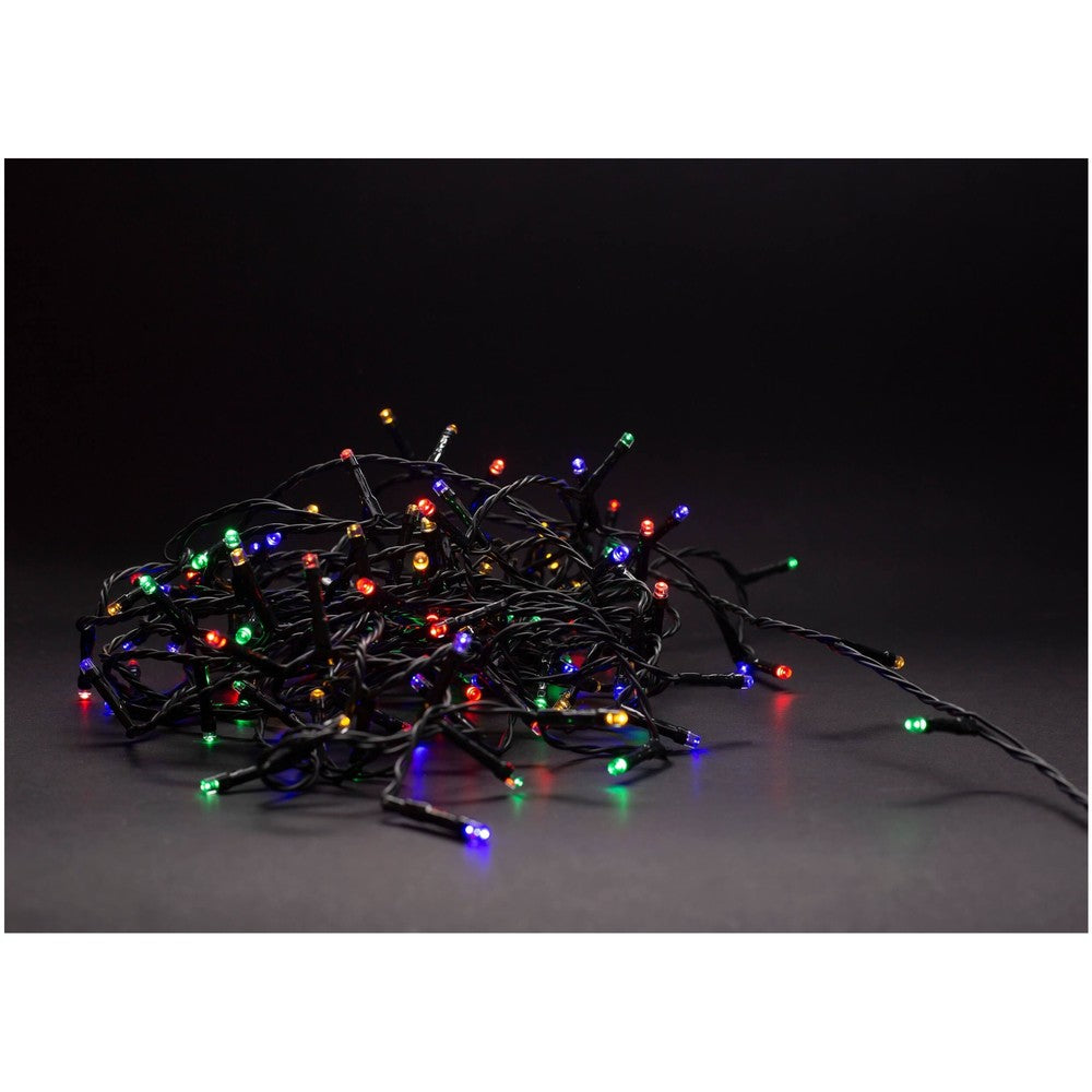 5 meter multicolor LED julelyskæde - 50 LED, IP44 udendørs, IR fjernbetjening, timer, batteridrevet.