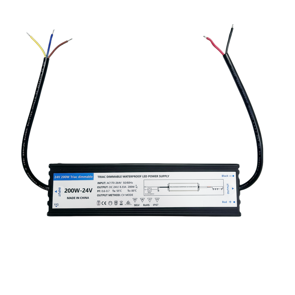 200W vandtæt dæmpbar strømforsyning - 24V DC, 8.33A, Triac, IP67