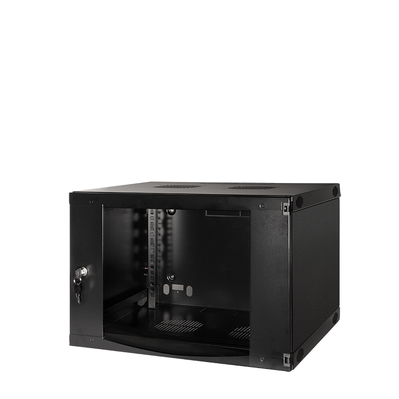 19" væg-rackskab - 6U, 450mm dyb, m. glaslåge, Sort