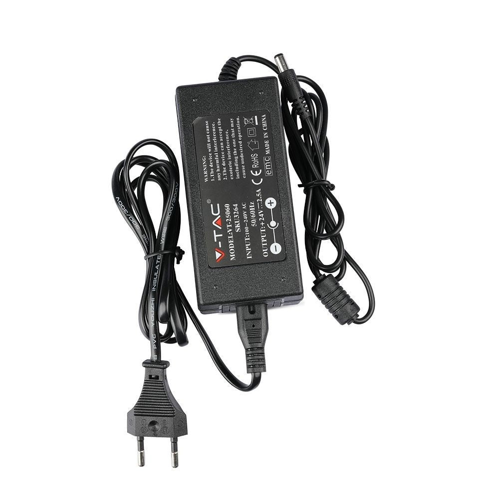 V-Tac 60W Strømforsyning til LED Strips - 24V DC, 2,5A, IP44 Vådrum