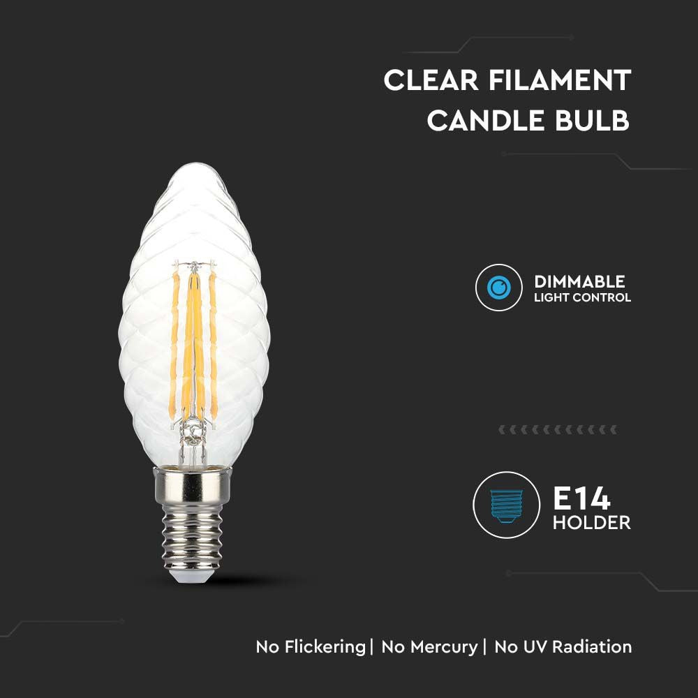 4W Kertepære E14 - LED Twisted, Filament Pære, 3000K, Dæmpbar - 400lm - RA80