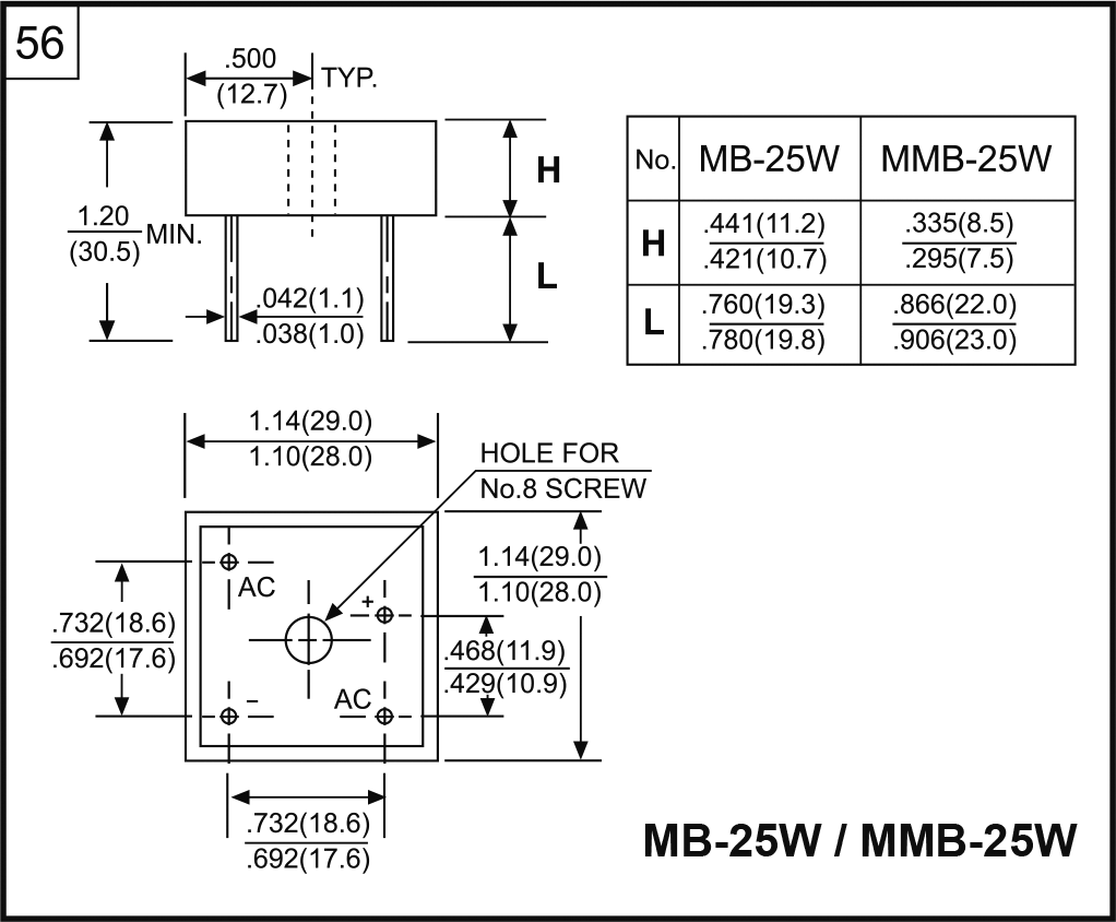 Brokobling, enkelt-fase, 800V 25A m. printben (KBPC2508)