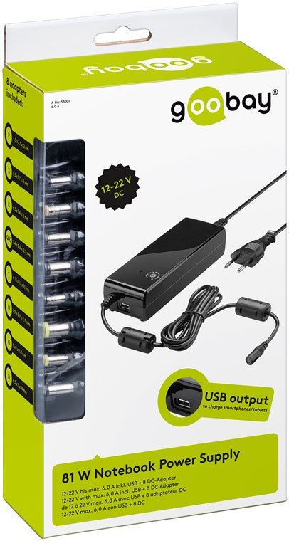 Universal Notebook adapter - 12-22V / 90W + USB (8 stik)
