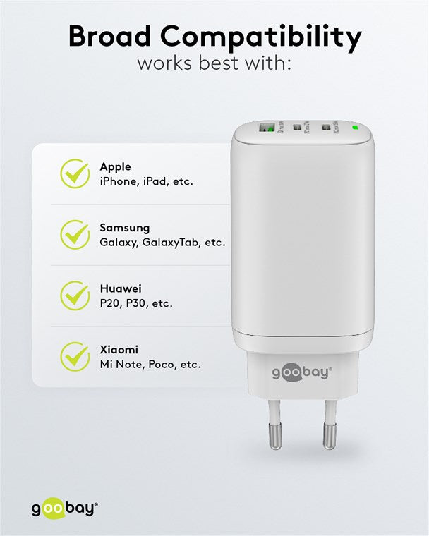 USB-C PD netadapter - 1xUSB-A, 2xUSB-C, 65W/3A, Hvid