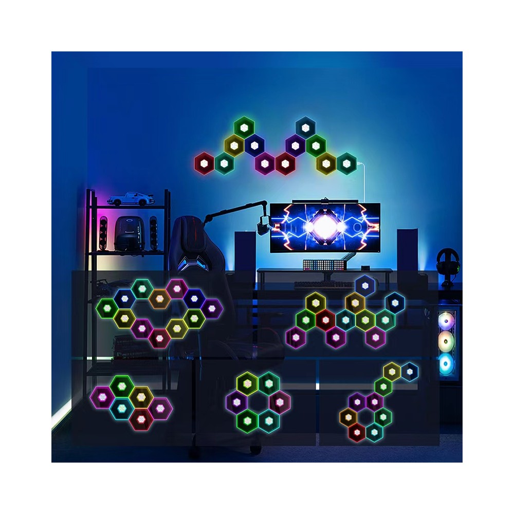 RGBIC Hexagon Infinity Væglys 12 stk. sæt i 12W - Multifarvet LED væglampe med 5V input til stemningsfuld belysning