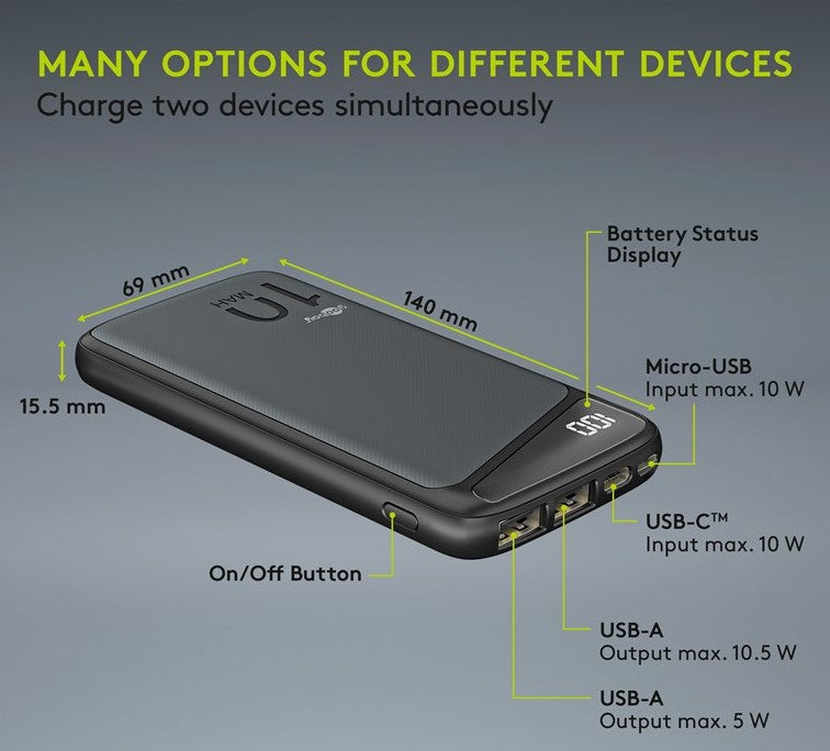 Slimline Powerbank m. LED display - 5V / 2,1A, 10000mAh