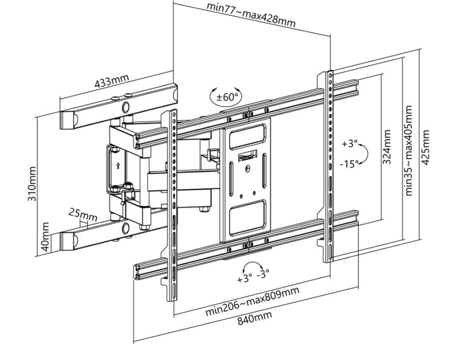 TV vægbeslag - 43-100" -15°/+3° vipbar, Vægafstand 77-428mm