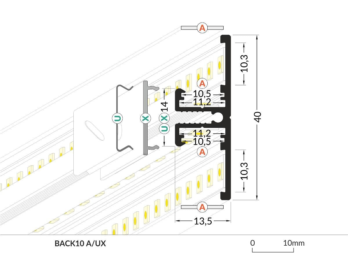 DIOFLEX Alu profil BACK10 A/UX 2m 40x13,5mm