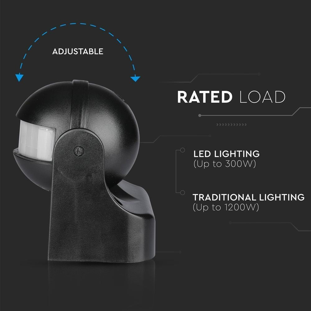 V-Tac bevægelsessensor - sort, LED-venlig, udendørs PIR infrarød bevægelsessensor med IP44, 230V input