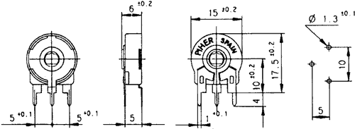 Lodret trimmepotmeter - 10kOhm, stor 15mm, spindel (PT15)