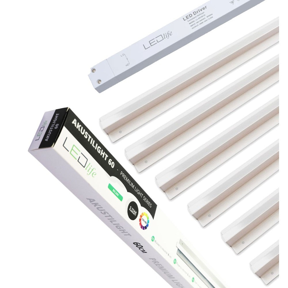 Troldtekt LED dæmpbar Skinnesæt 6x60 cm - Planforsænket, Triac dæmpbar, Akustilight inkl. ledninger og driver