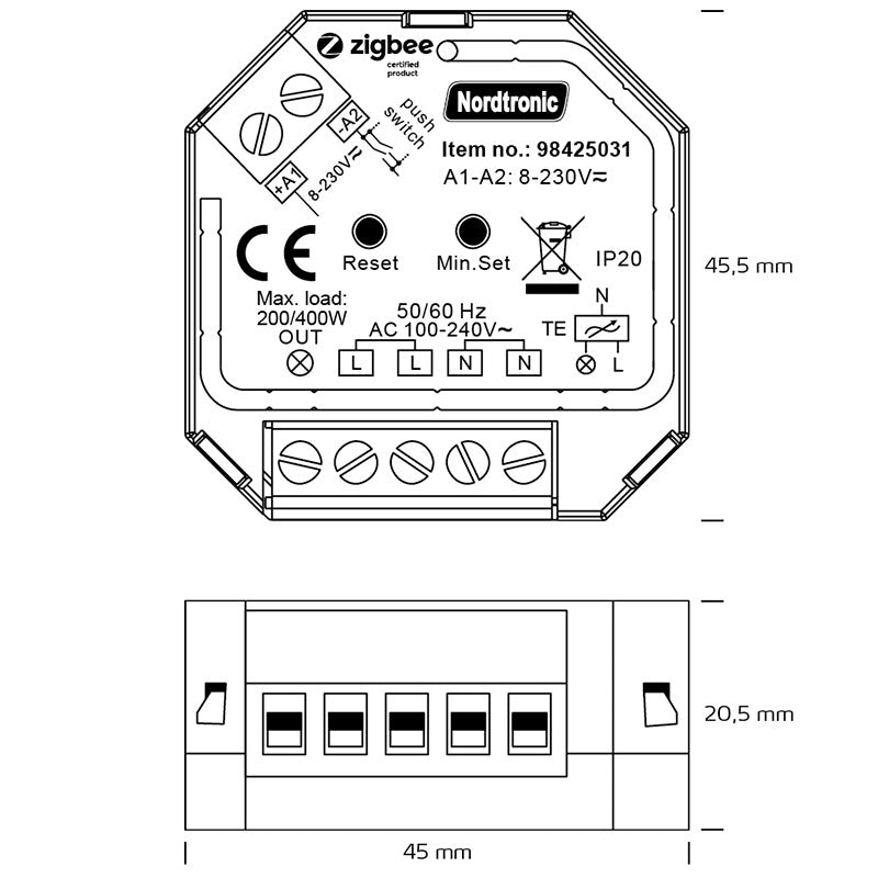 Zigbee 3.0 med push dæmper 400W 230V