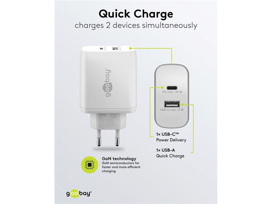 USB-C/A lynlader PD GaN (C45W) + (A12W), Hvid