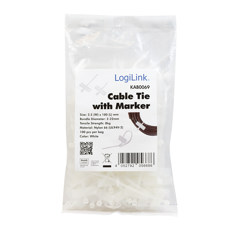 Kabelstrips m. skrivefelt - 2,5x100mm, Hvid (100 stk.)