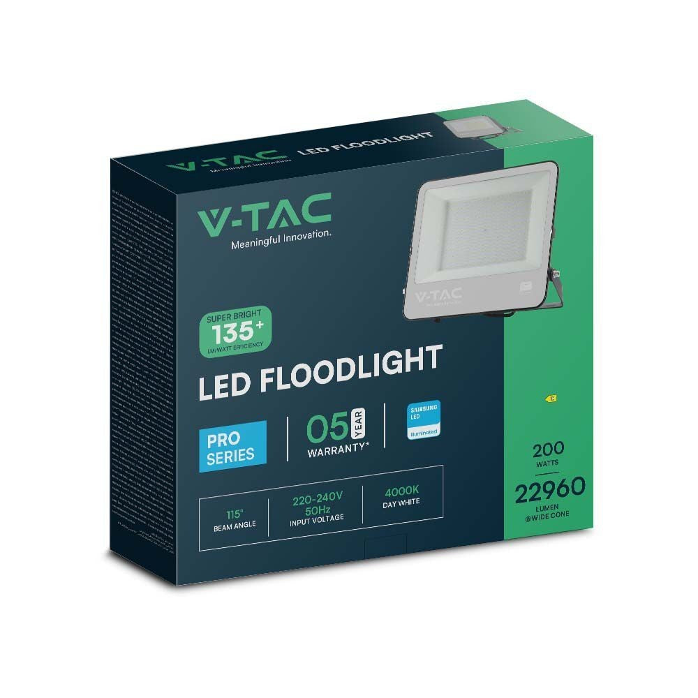 V-Tac 200W LED projektør, Samsung LED chip, 22960lm, IP65, udendørs brug