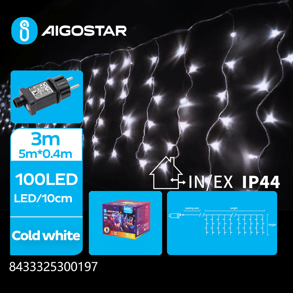 5m kold hvid LED lyskæde med 100 LED, IP44, 8 lysspil, transparent ledning