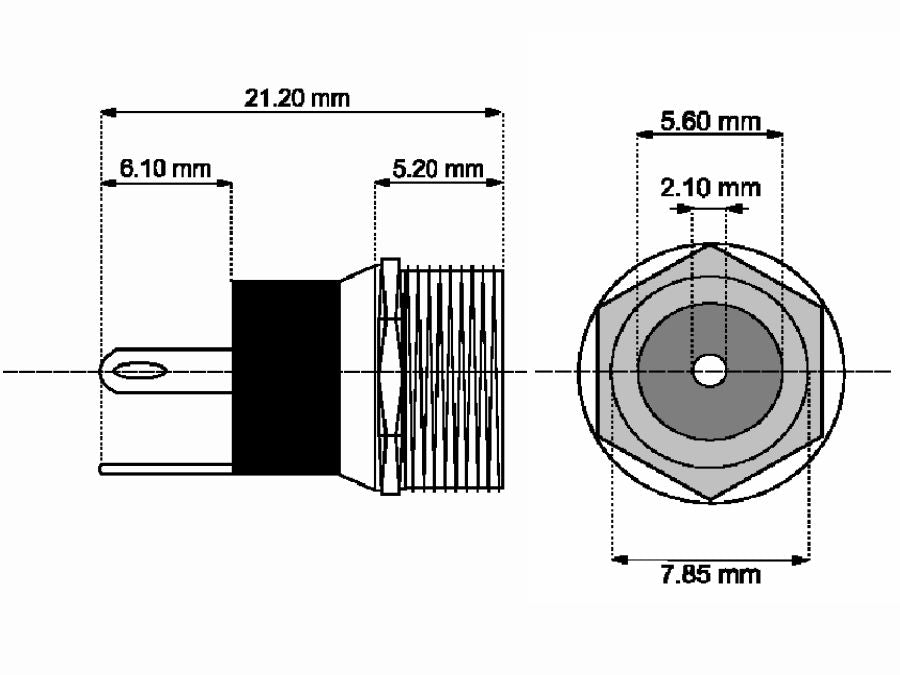 DC fatning - 5,5 x 2,1mm, til kabinet, loddeflige