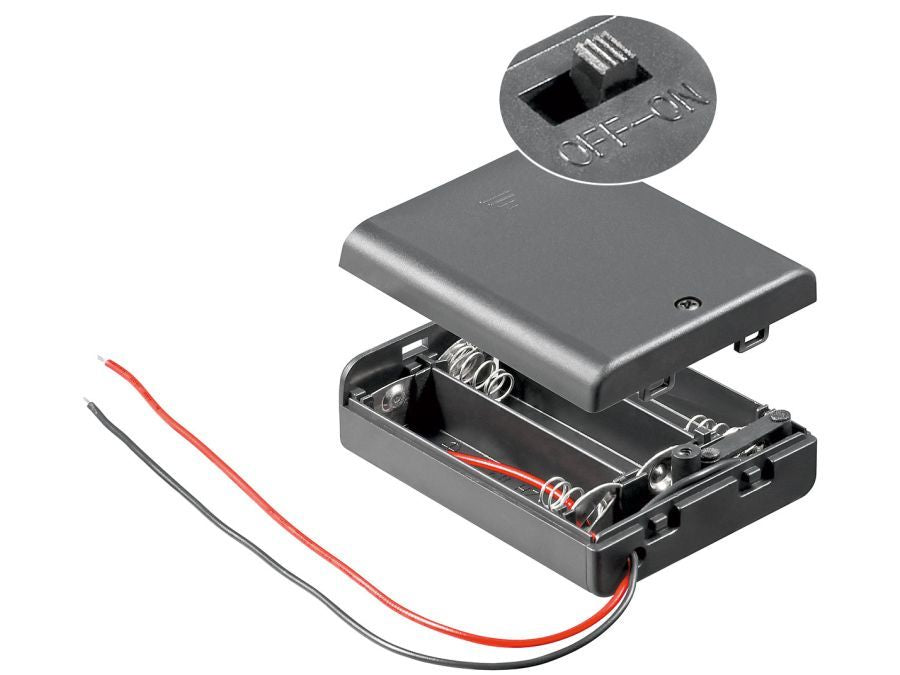 Batteriholder til 3xAA batteri. Lukket hus m. kontakt