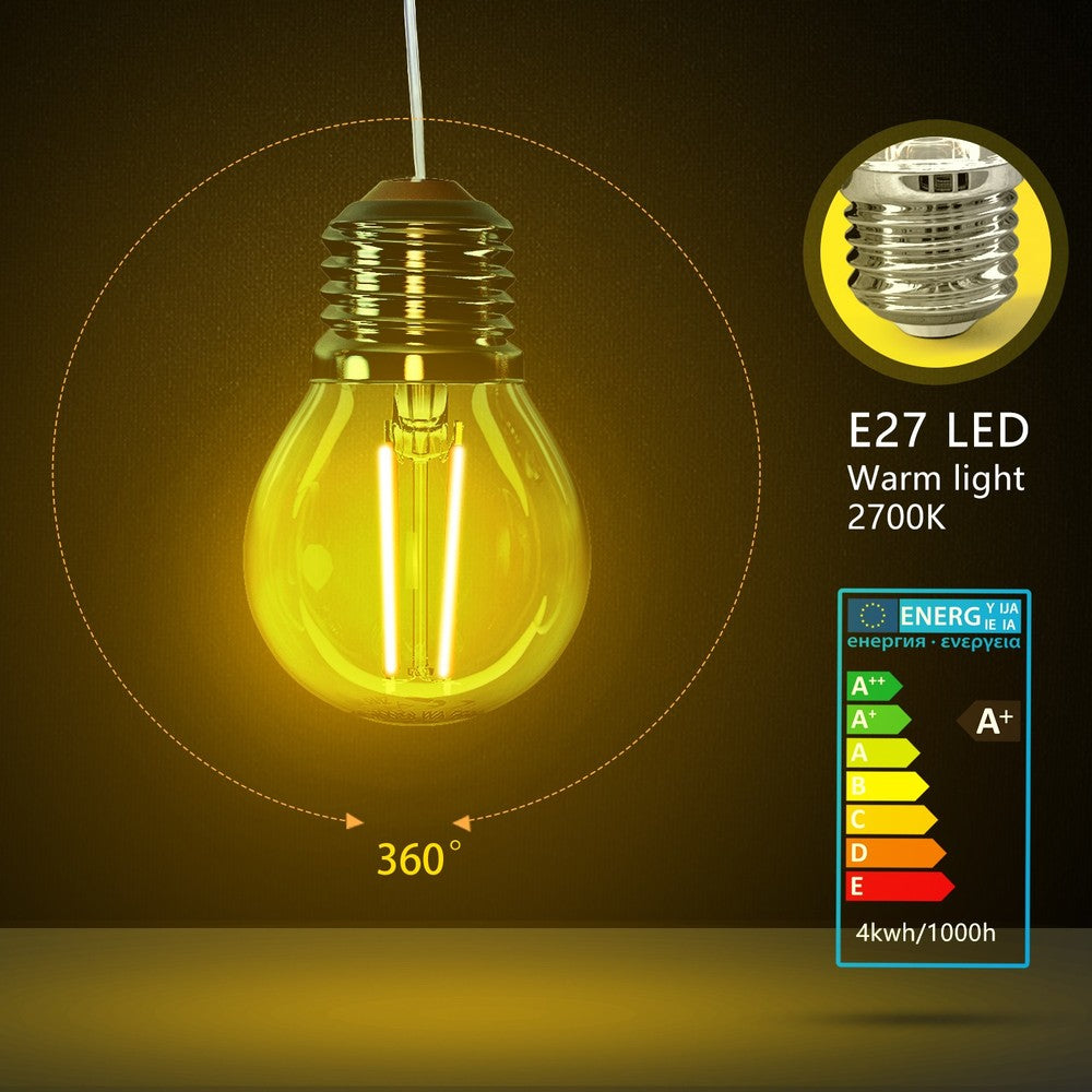 LED Filamentpære G45 E27 4W 2700K Klar - Erstatter 40W, 470lm, RA80, 3 års garanti.