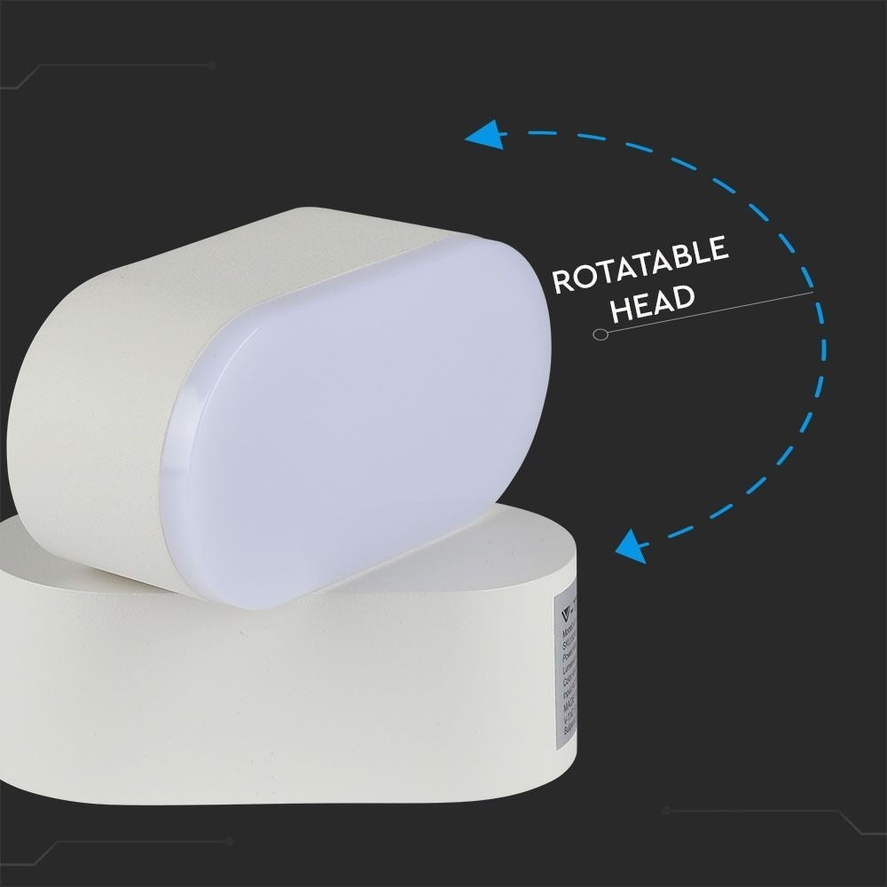 V-Tac 6W LED Hvid Væglampe - Oval, Roterbar 350 Grader, IP65 Udendørs, 230V, Inkl. Lyskilde