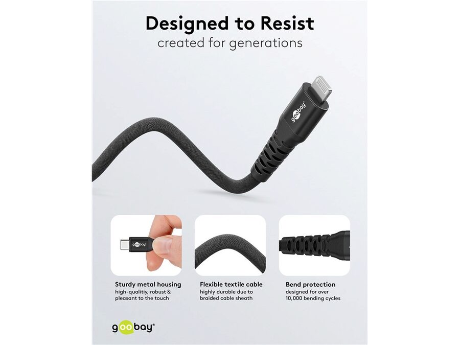 USB-C til Lightning Supersoft PD Tekstilkabel, 3A, Sort (1m)
