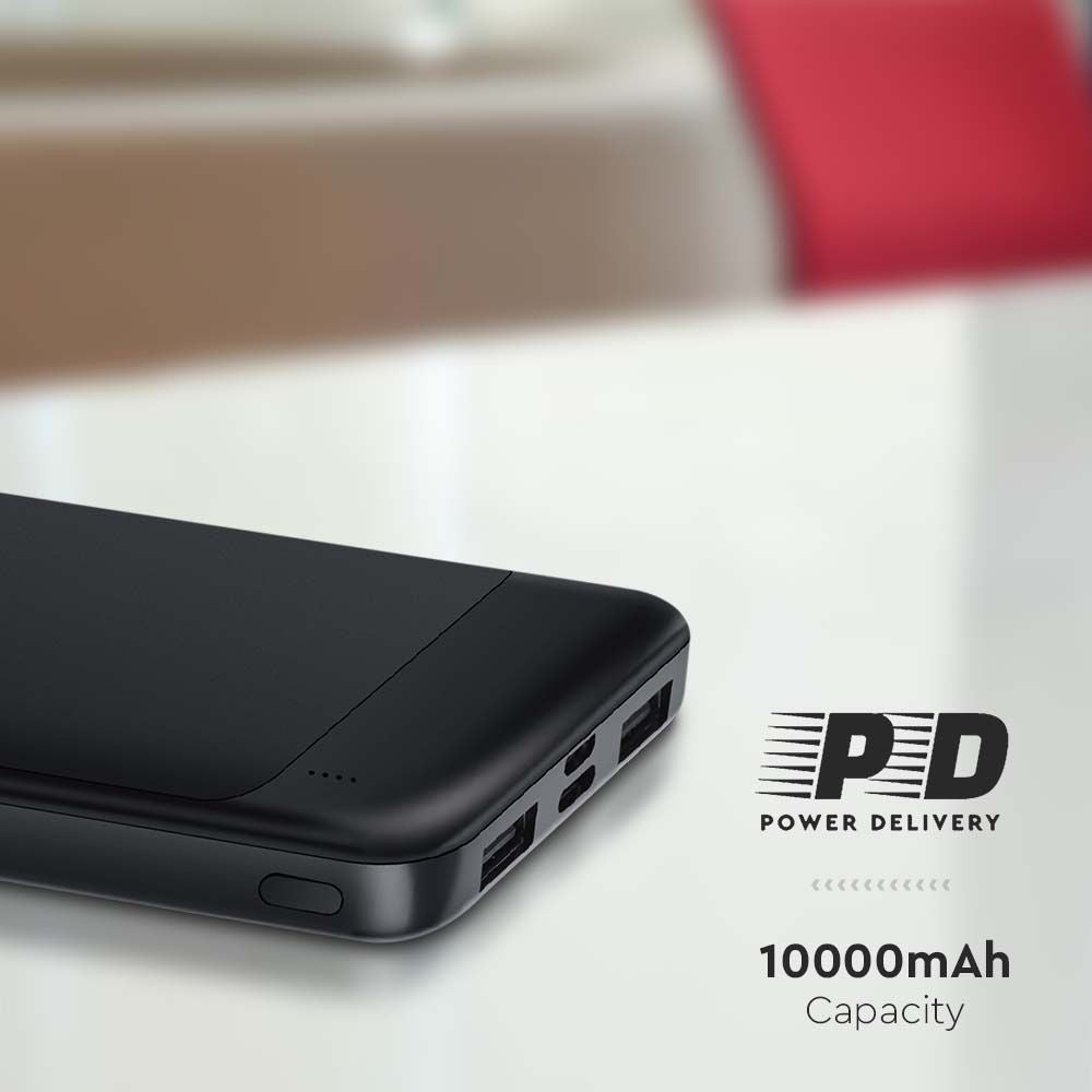 Sort 10000mAh Powerbank med Hurtigopladning - Praktisk Oplader til Undervejs