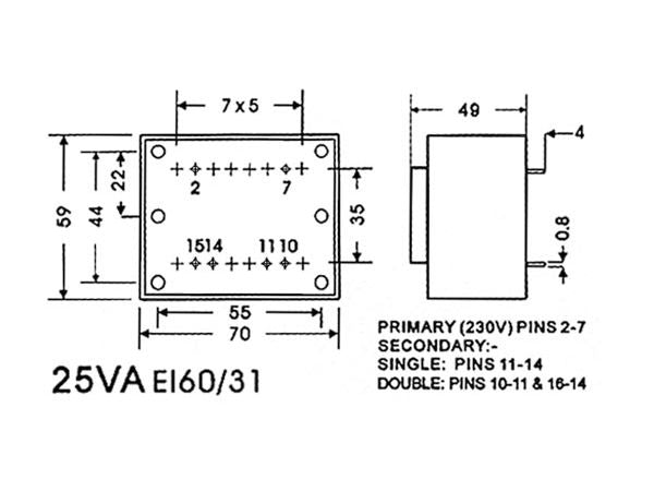 230V printtransformator - 25VA 2 x 24V / 2 x 521mA