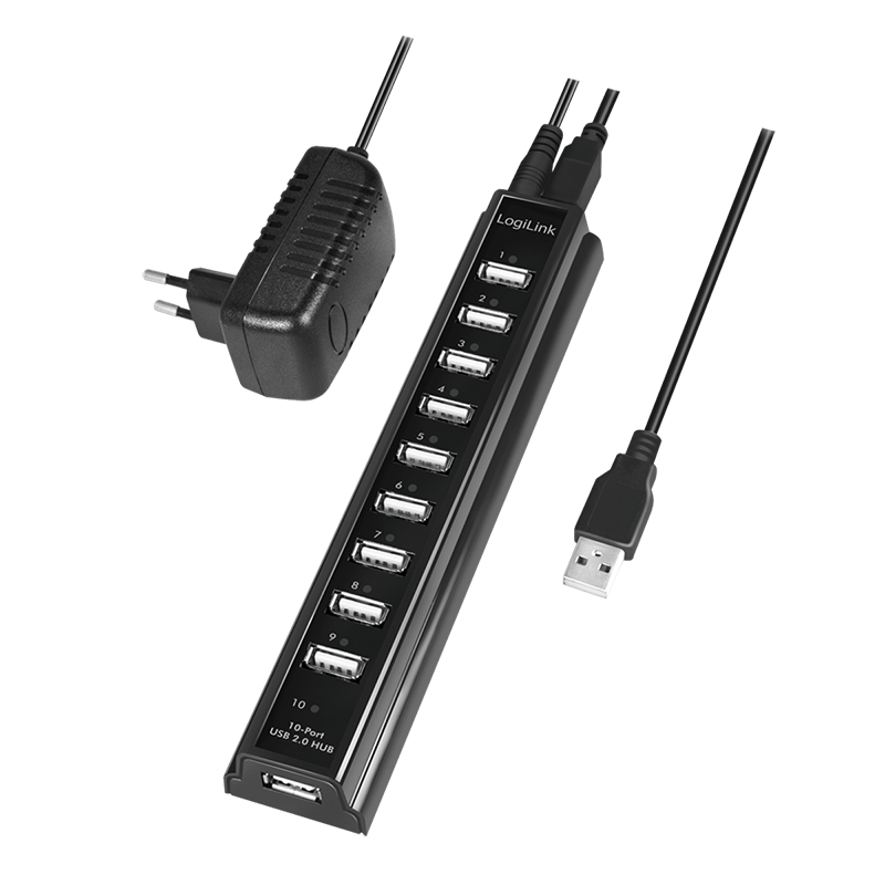 USB 2.0 HUB - 10-port, incl. 3,5A strømforsyning, Sort