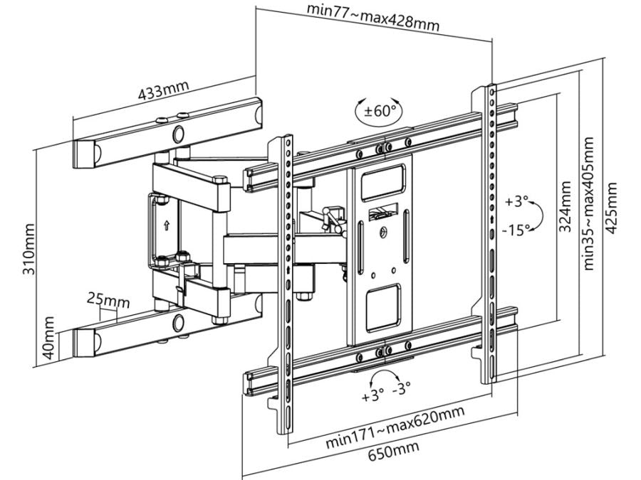 TV vægbeslag - 37-70" vipbar, Vægafstand 77-428mm