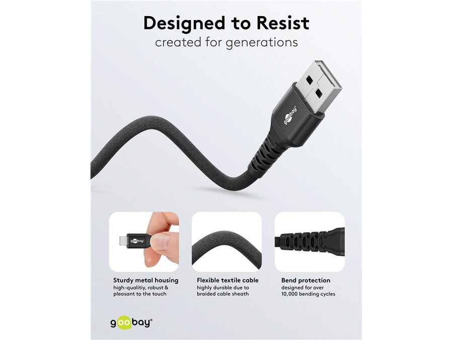 USB-A til Lightning Supersoft PD Tekstilkabel, 3A, Sort (1m)