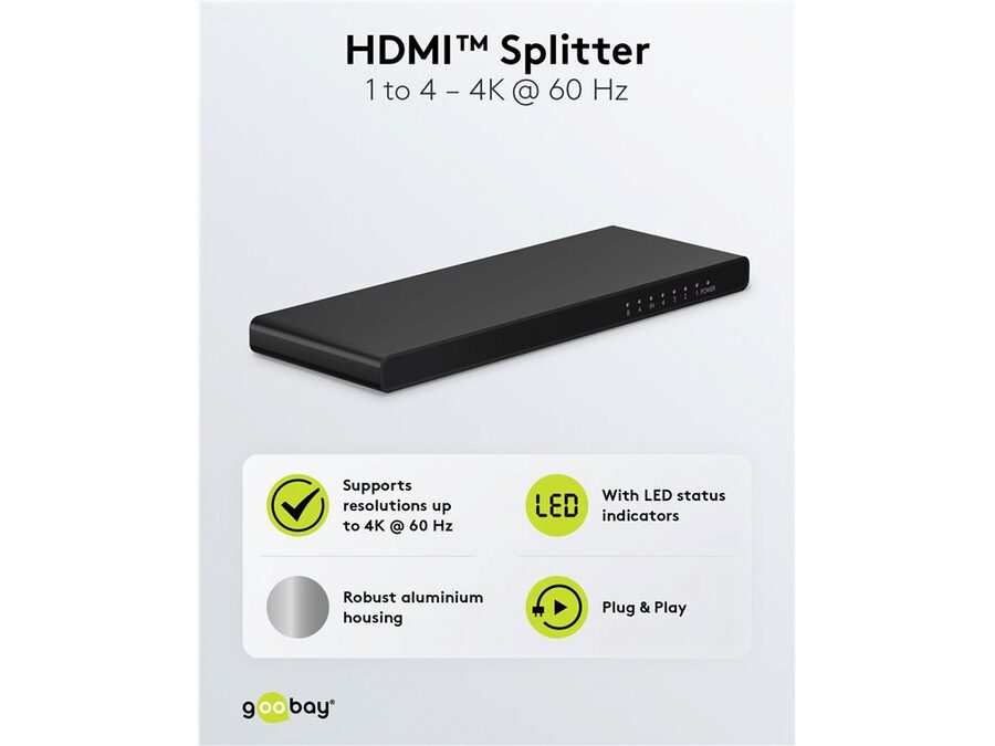 HDMI 2.0 splitter - 1 ind til 4 ud, 4K/60Hz, HDCP